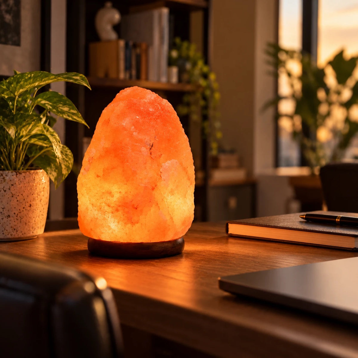 Emberglow Himalayan salt lamp glowing amber on a wooden desk beside a plant and notebook