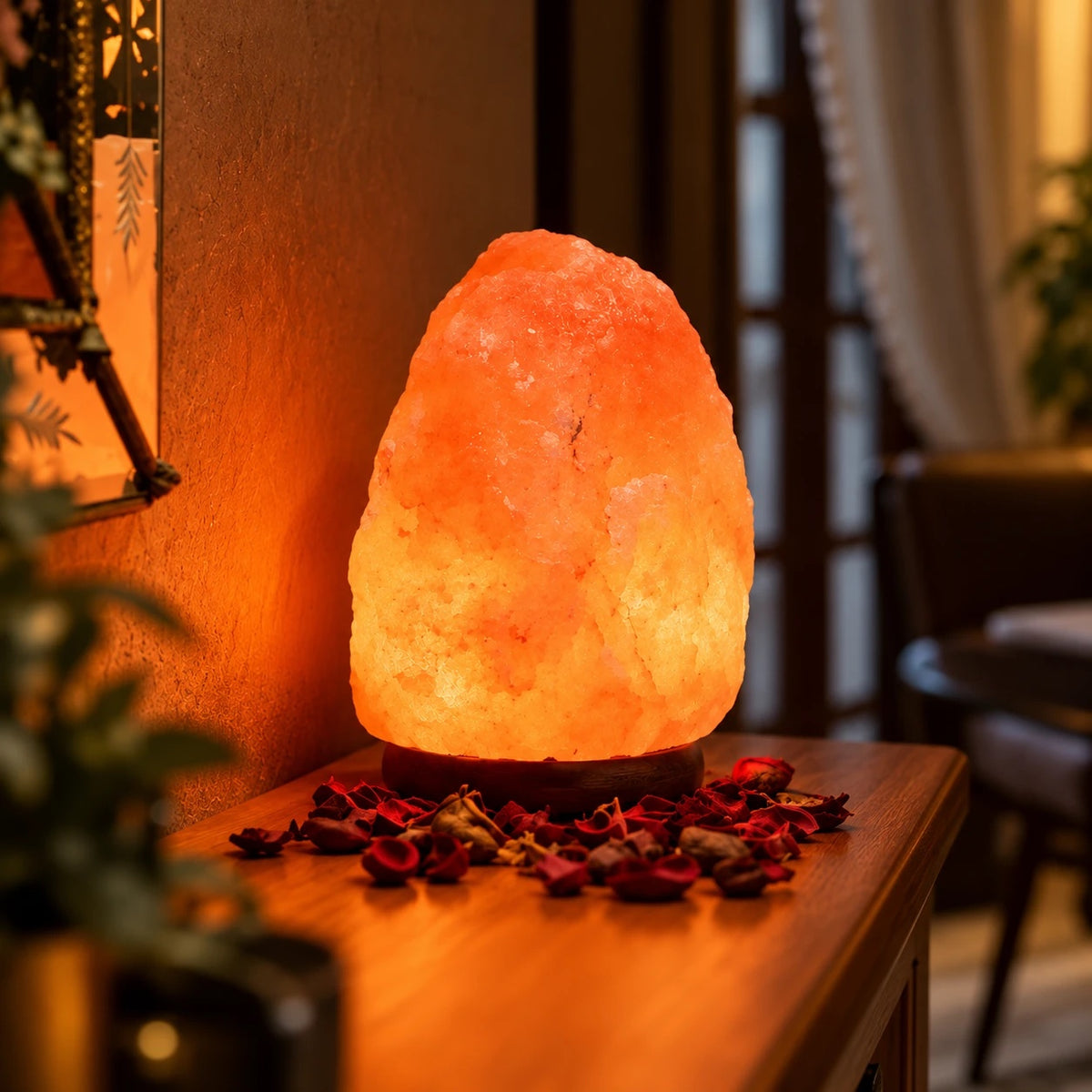Salt lamp on a wooden console surrounded by dried rose petals
