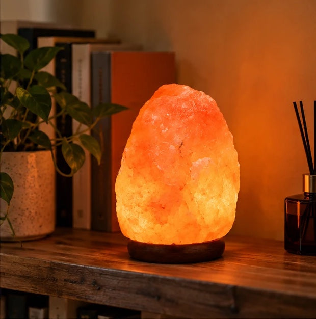 Salt lamp on a bookshelf next to books and a reed diffuser