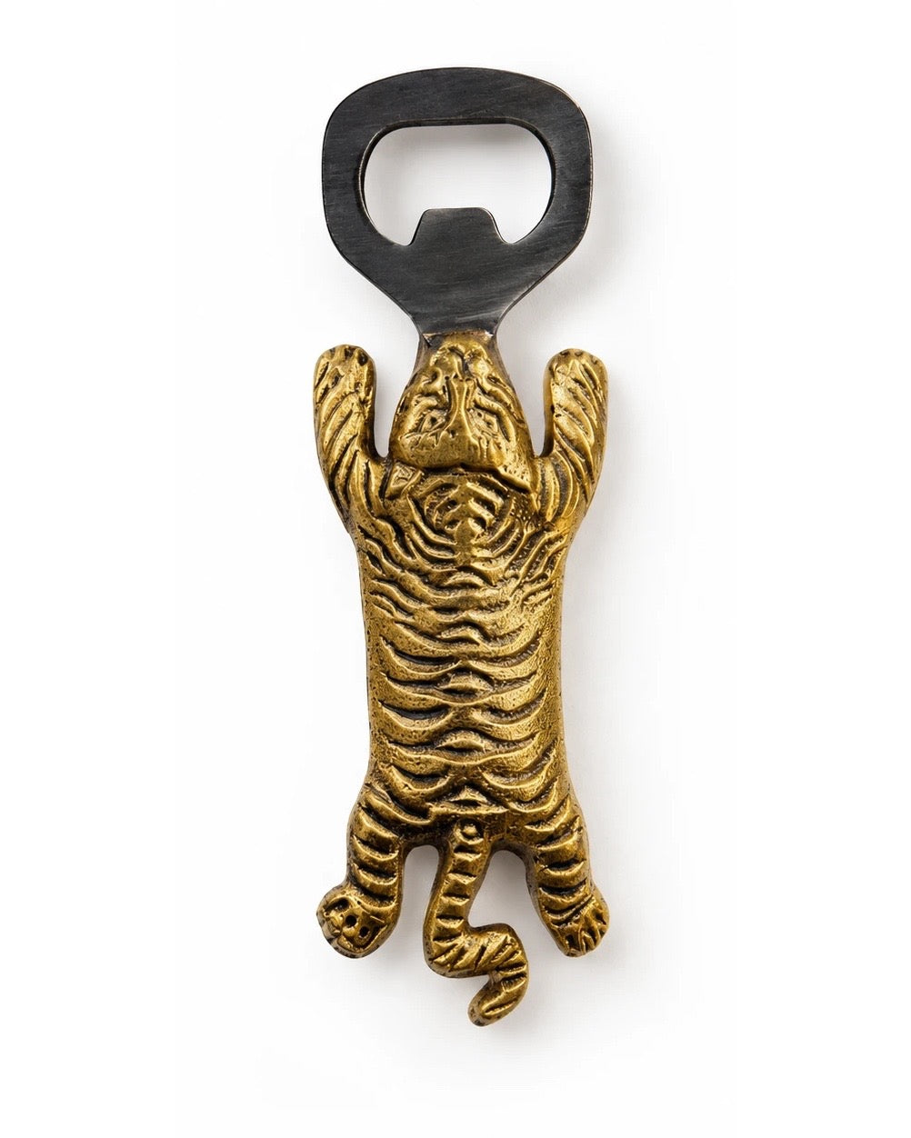 Tigris brass tiger bottle opener with an antiqued metal head, on a white background